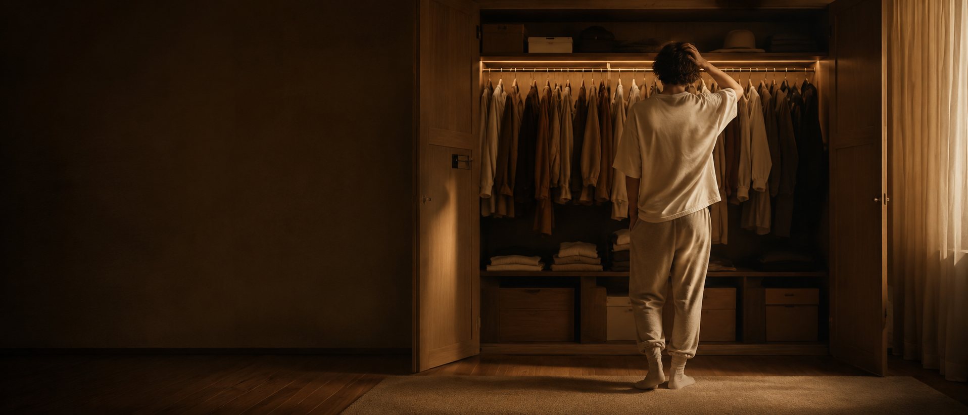 Warm, sunlit wardrobe with earth-toned garments